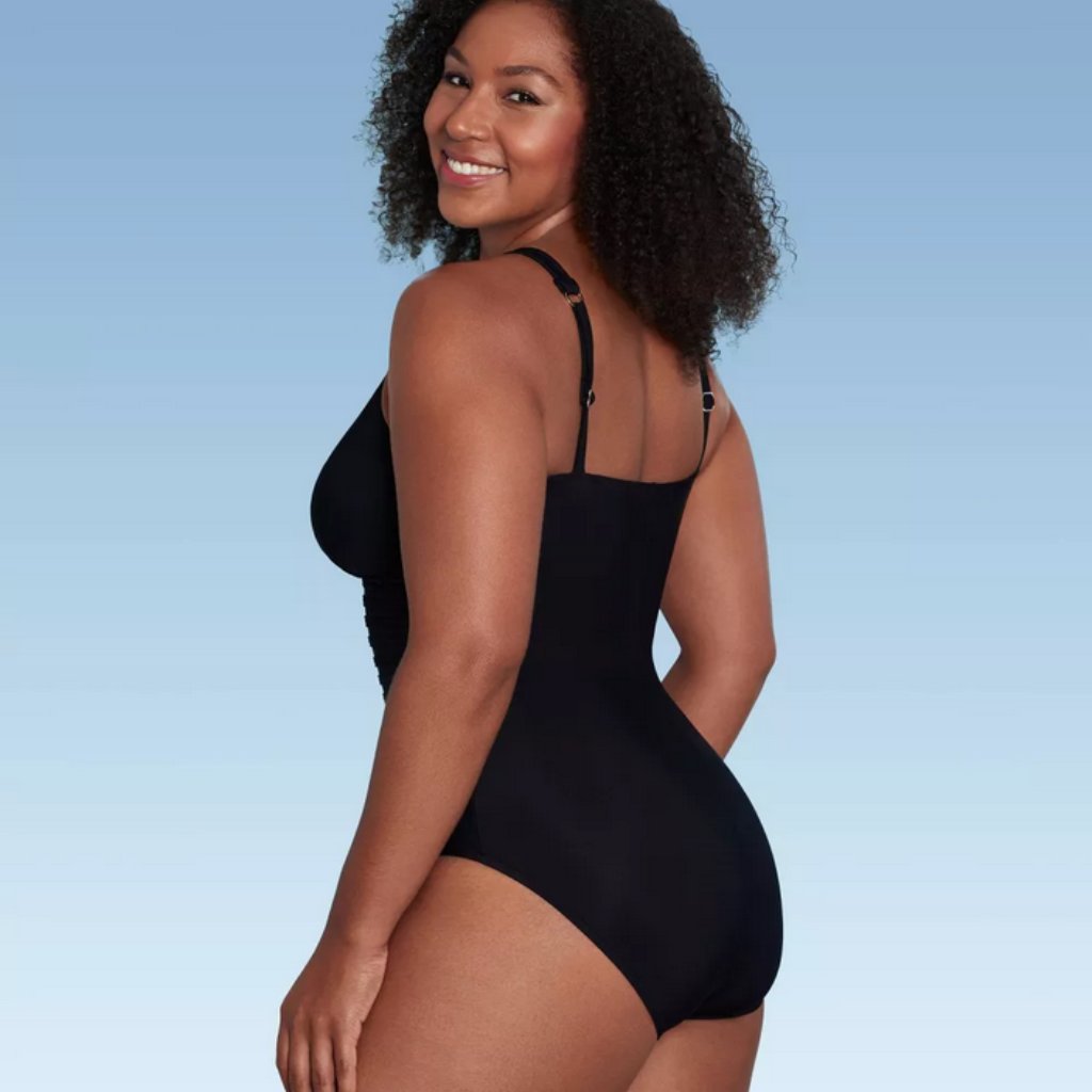 Upf 50 Waist Detail Over The Shoulder One Piece Swimsuit - Aqua Green Black S